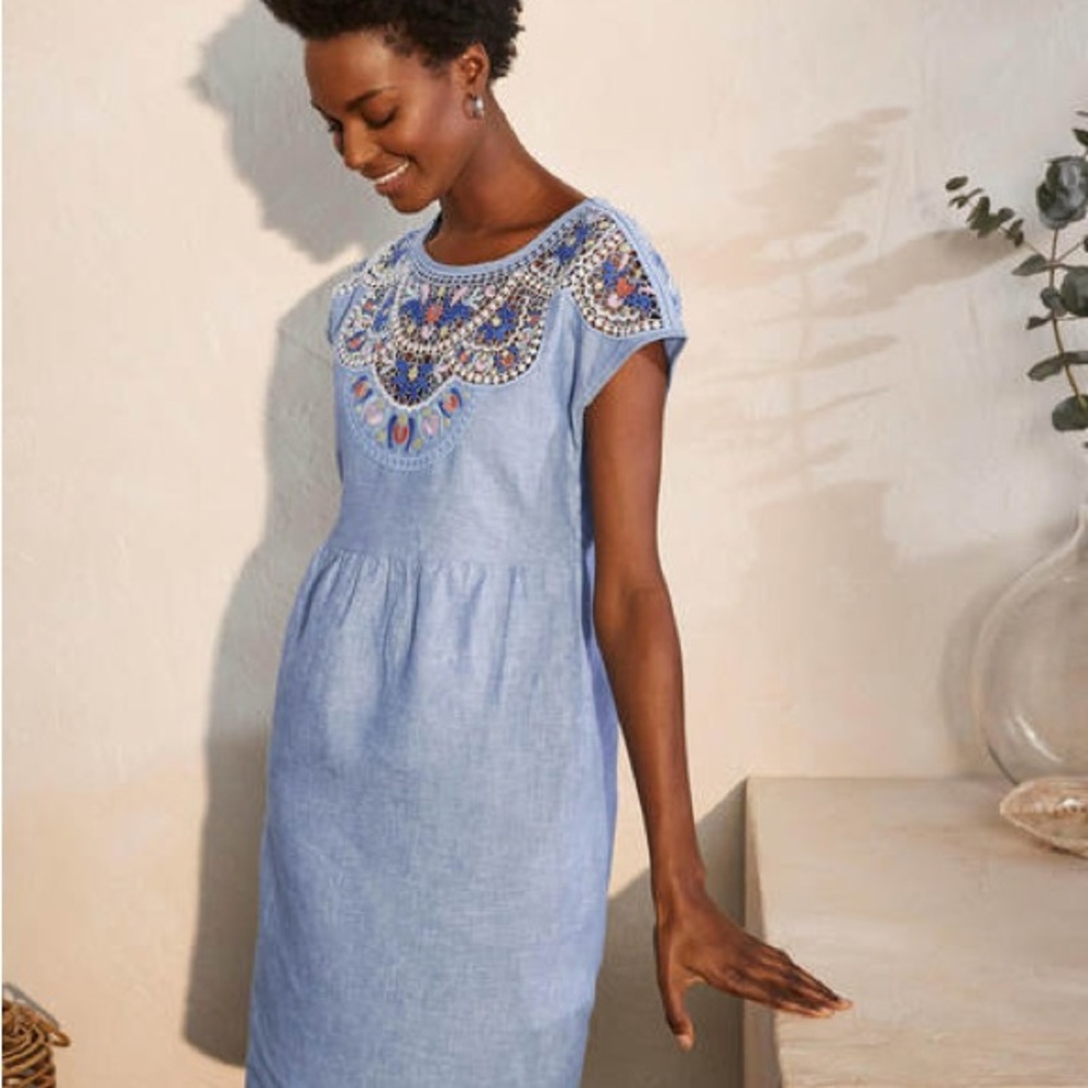 Boden Light Blue Fleur Linen Embroidered Midi Dress